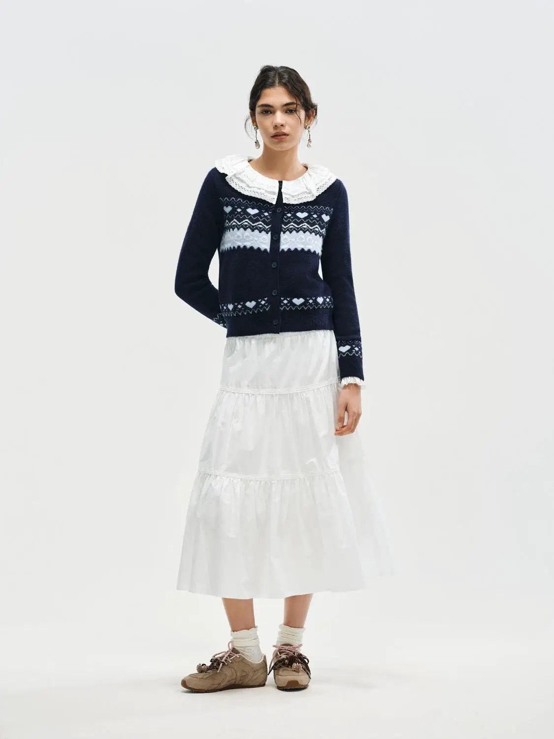 Fair Isle Heart Pattern Crew Neck Long Sleeve Cardigan