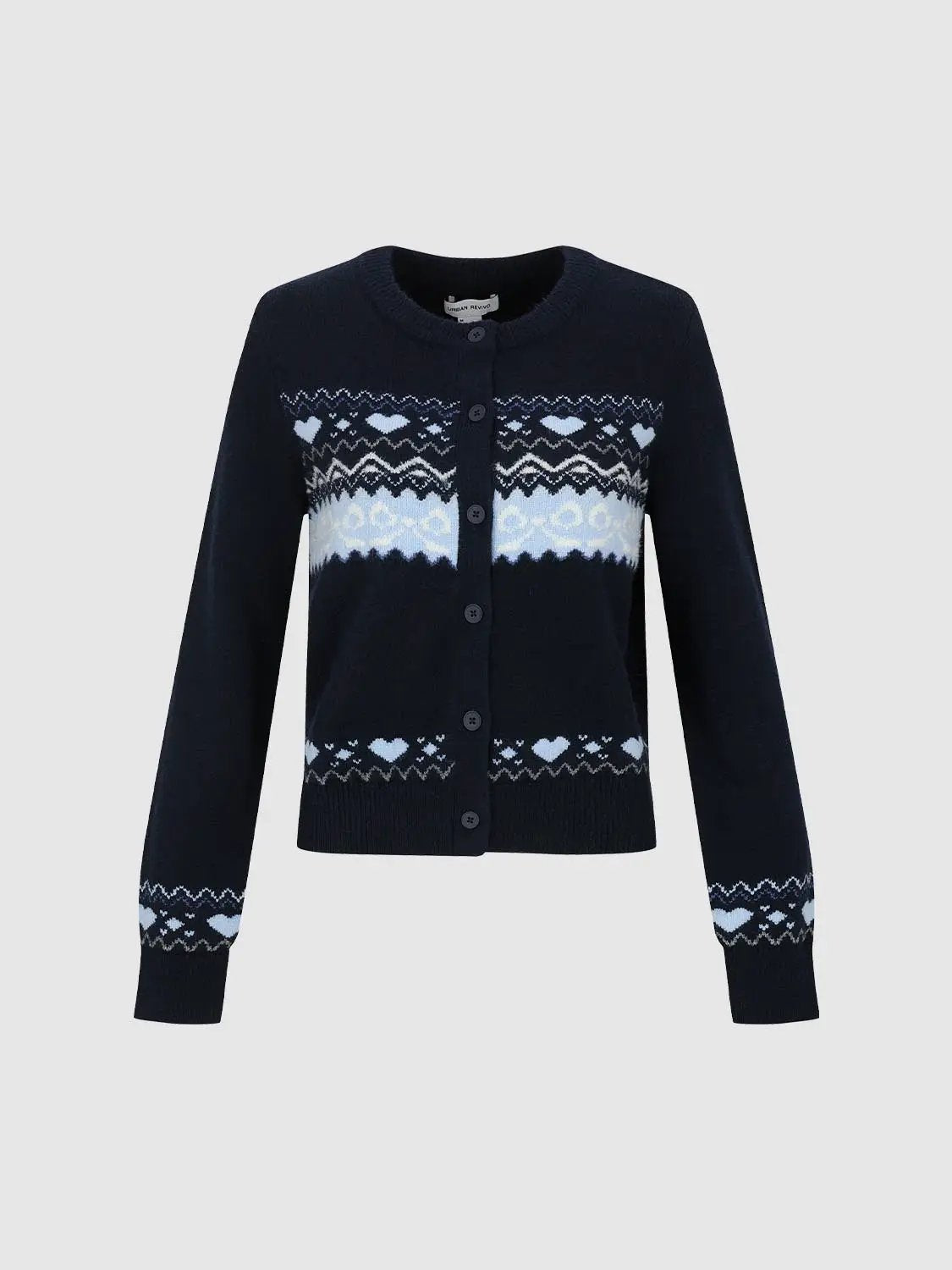 Fair Isle Heart Pattern Crew Neck Long Sleeve Cardigan