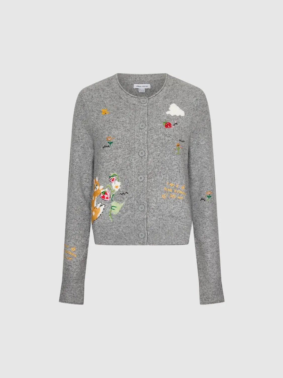 Embroidered Crew Neck Long Sleeve Cardigan