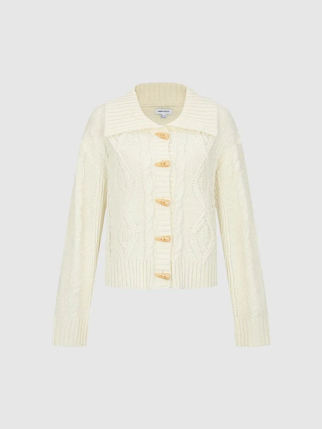 Cable Knit Long Sleeve Shirt Collar Button Cardigan