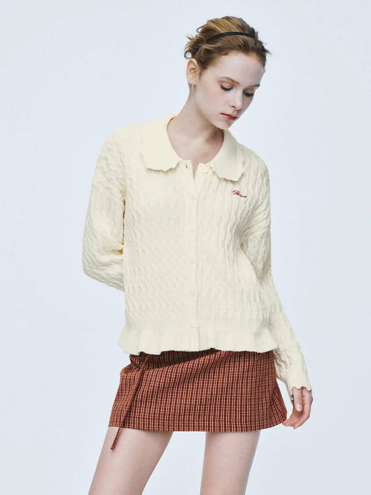 Cable-knit Polo Collar Long Sleeve Cardigan