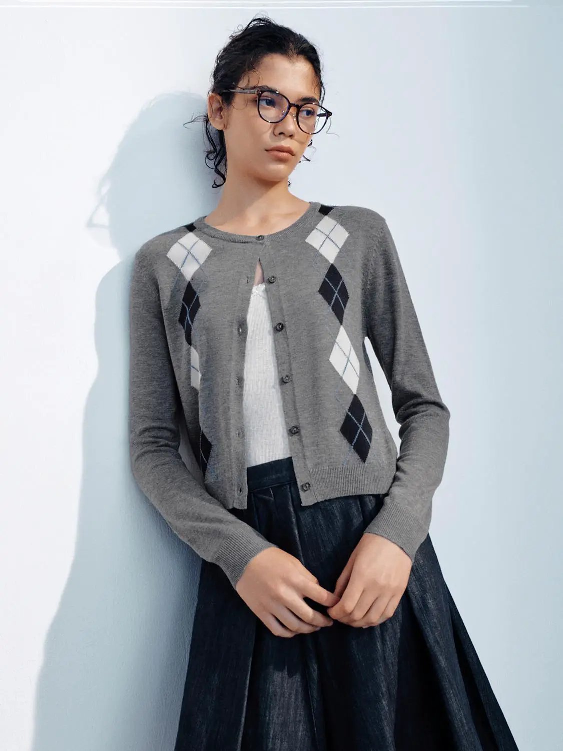 Button Front Argyle Knit Long Sleeve Cardigan