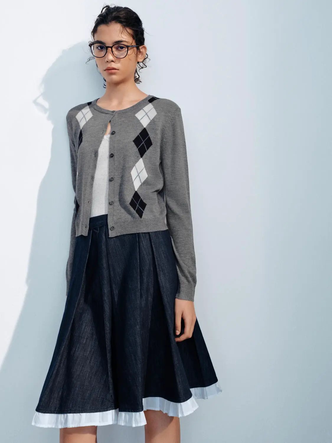 Button Front Argyle Knit Long Sleeve Cardigan