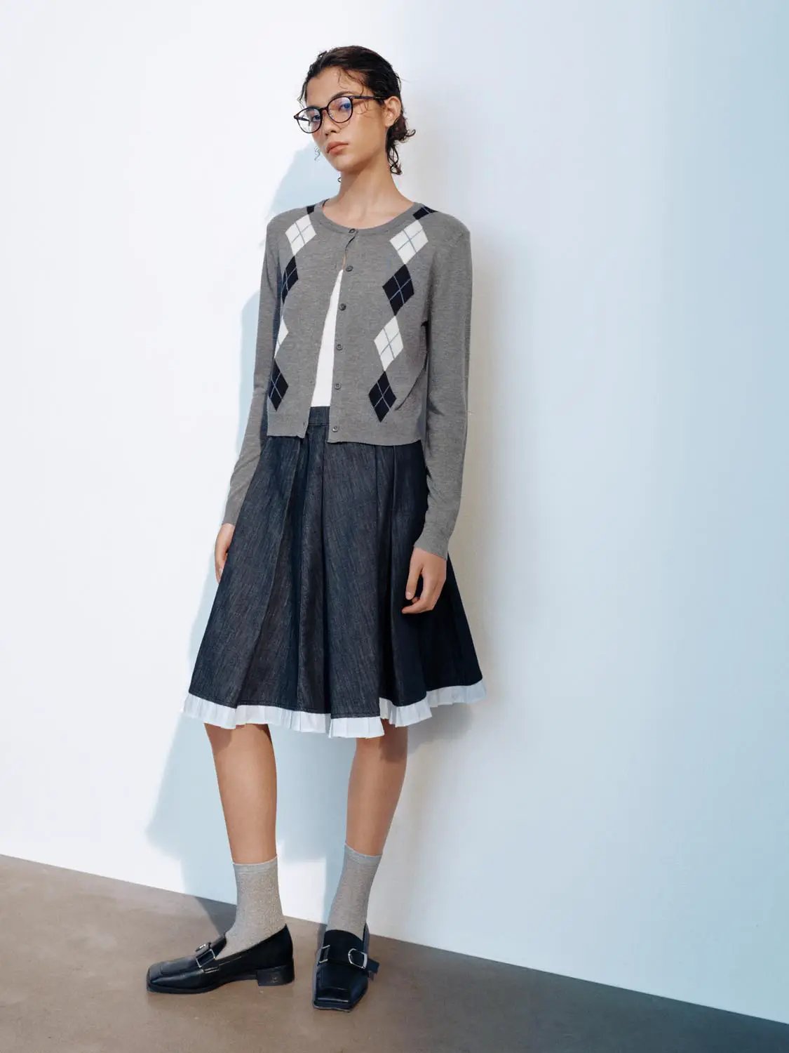Button Front Argyle Knit Long Sleeve Cardigan