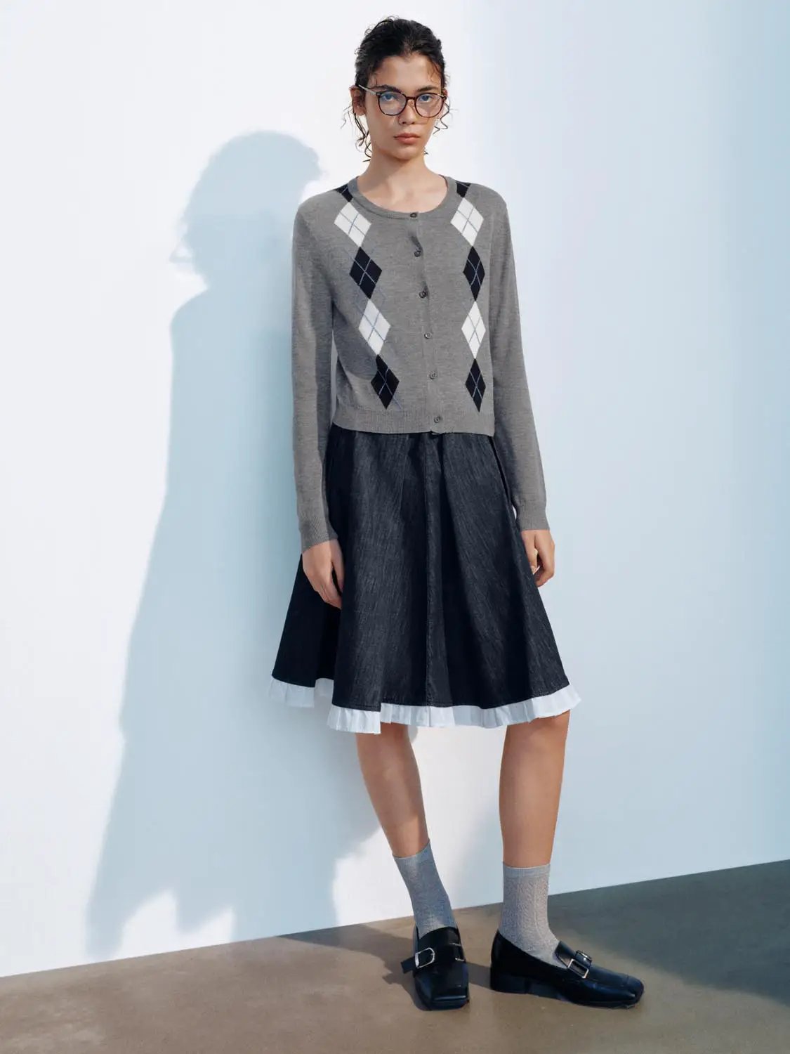 Button Front Argyle Knit Long Sleeve Cardigan