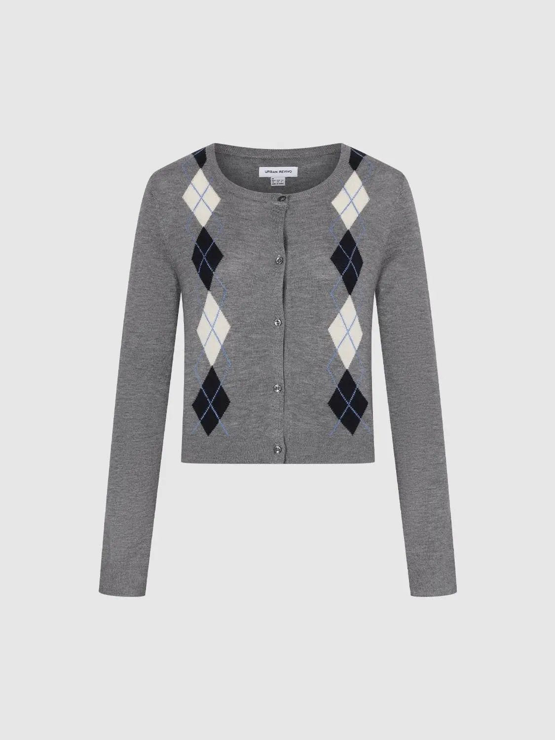 Button Front Argyle Knit Long Sleeve Cardigan