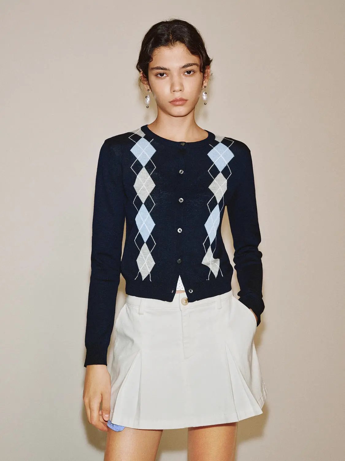 Button Front Argyle Crew Neck Long Sleeve Cardigan