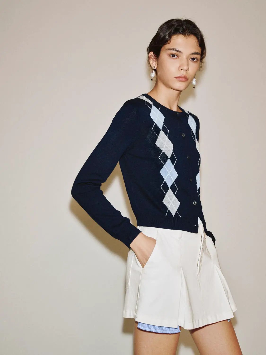 Button Front Argyle Crew Neck Long Sleeve Cardigan