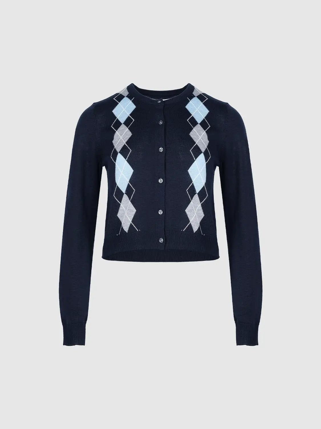 Button Front Argyle Crew Neck Long Sleeve Cardigan