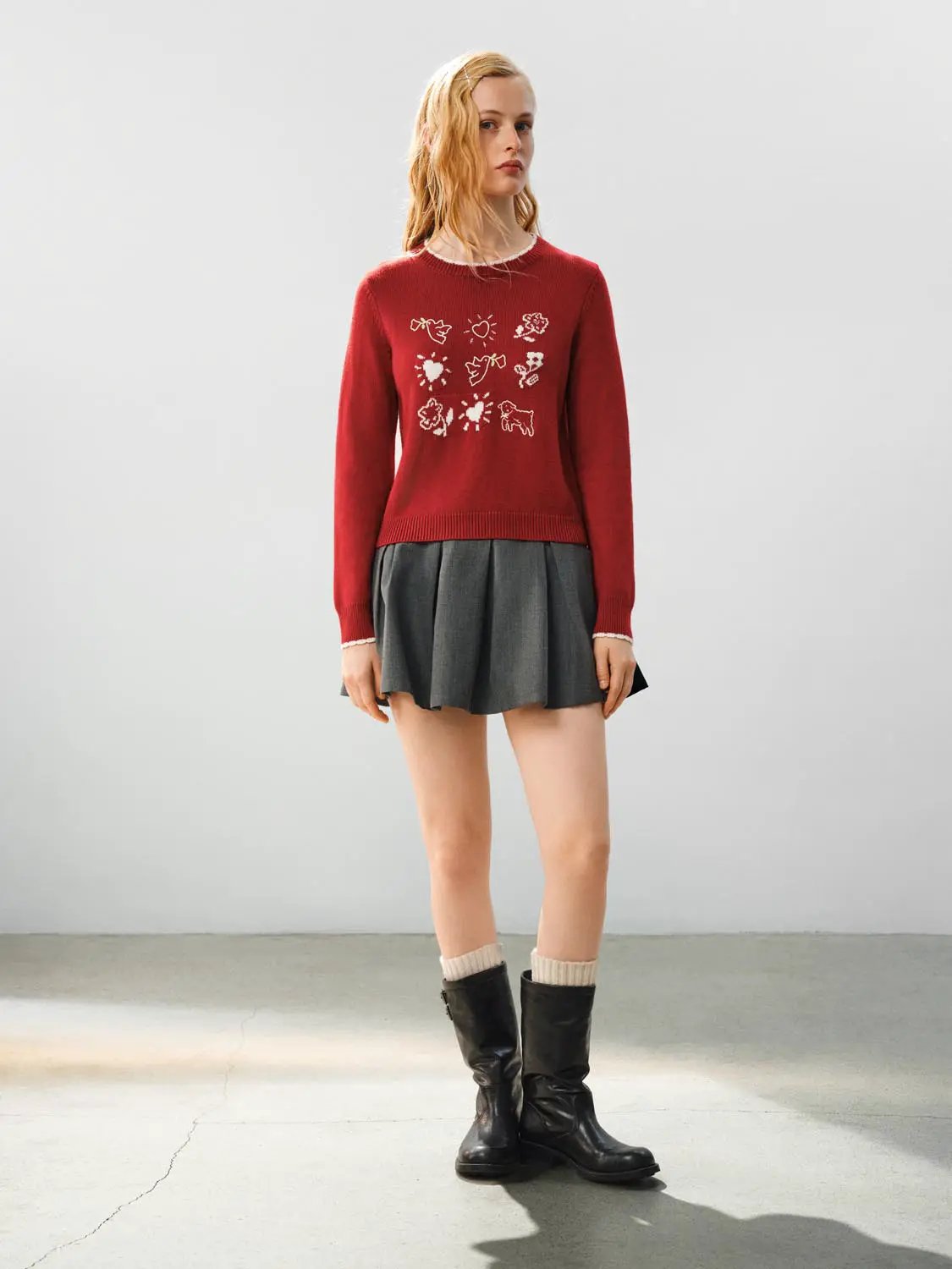 Graphic Crew Neck Long Sleeve Knit Sweater