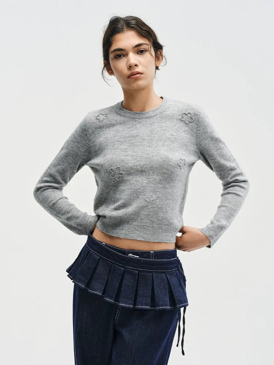 Floral Ribbed Hem Crew Neck Long Sleeve Knit Sweater