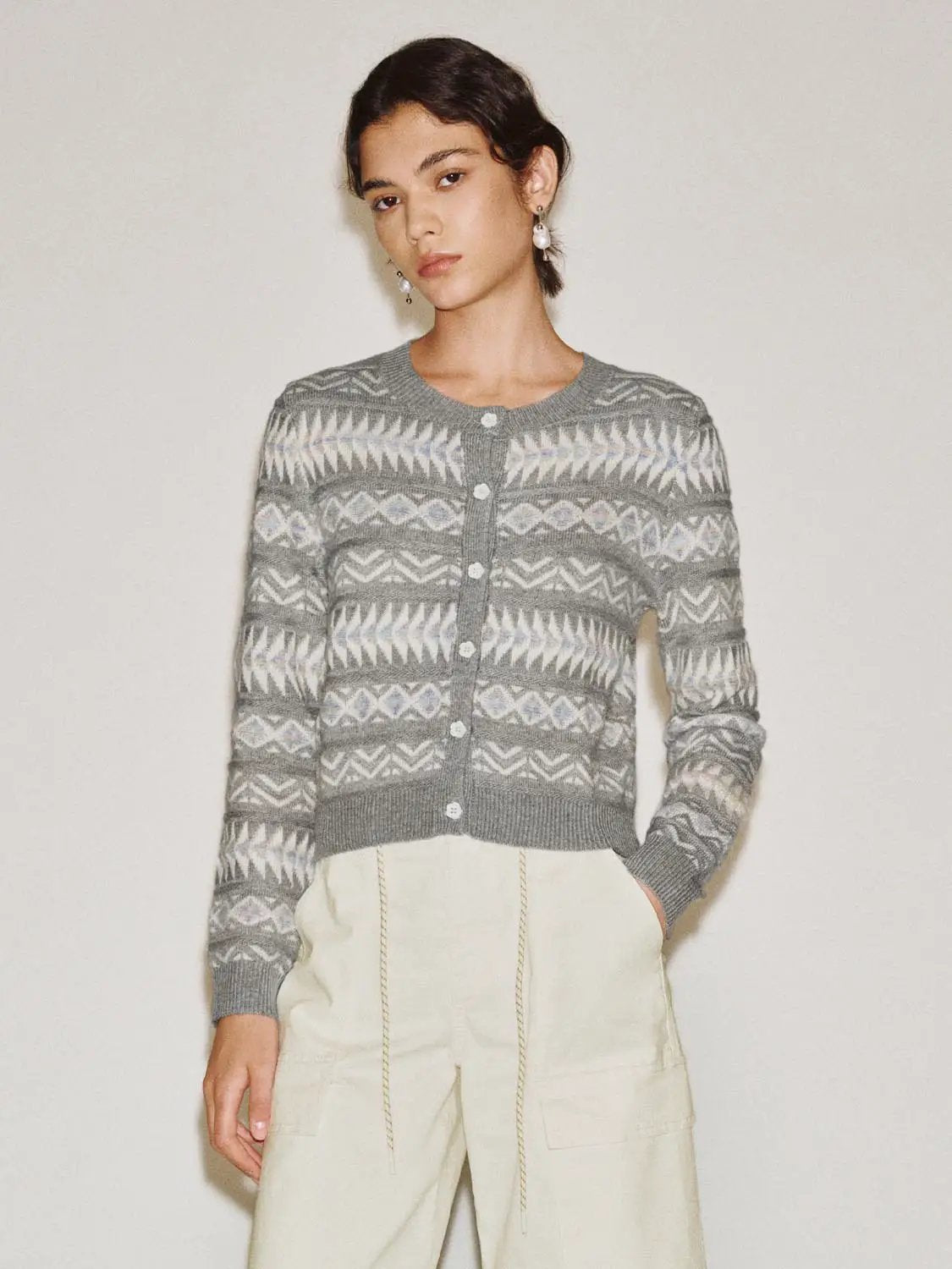 Patterned Ribbed Hem Crew Neck Long Sleeve Cardigan