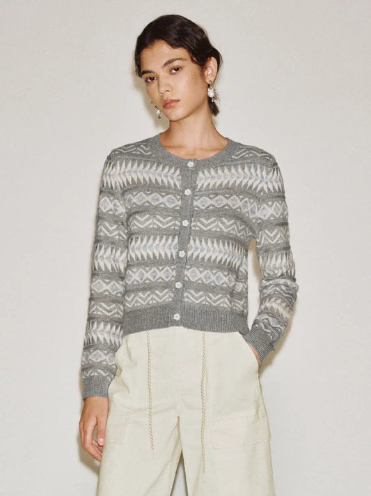 Patterned Ribbed Hem Crew Neck Long Sleeve Cardigan