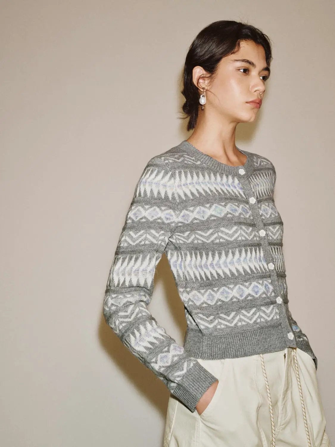 Patterned Ribbed Hem Crew Neck Long Sleeve Cardigan