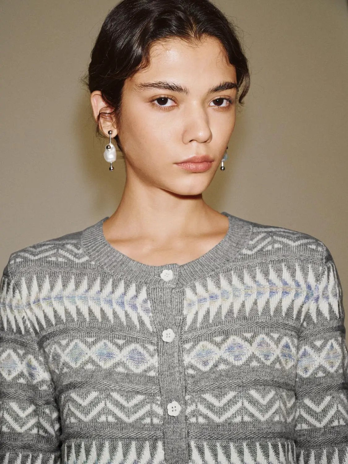 Patterned Ribbed Hem Crew Neck Long Sleeve Cardigan