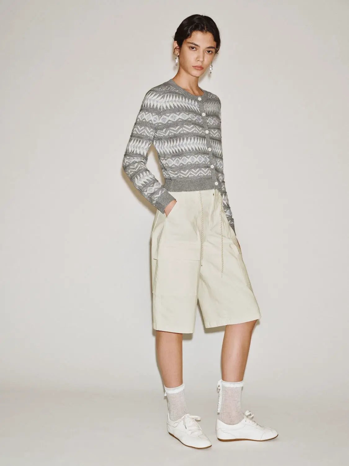 Patterned Ribbed Hem Crew Neck Long Sleeve Cardigan