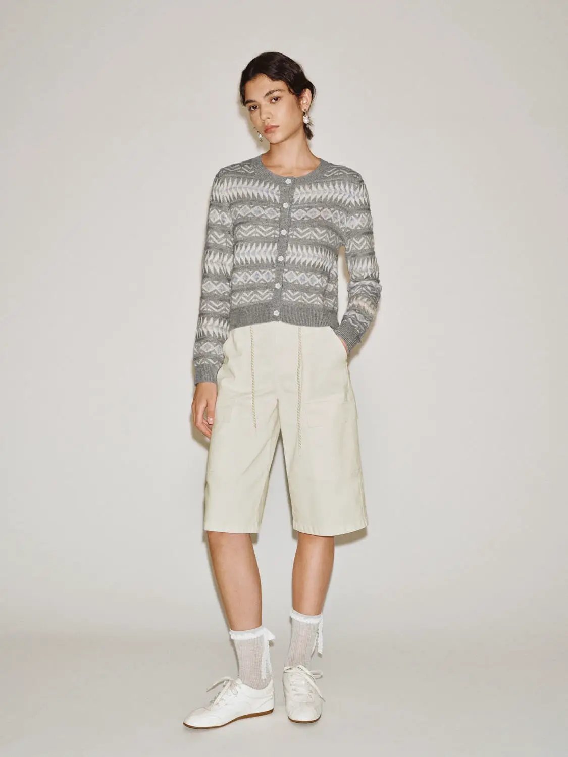 Patterned Ribbed Hem Crew Neck Long Sleeve Cardigan