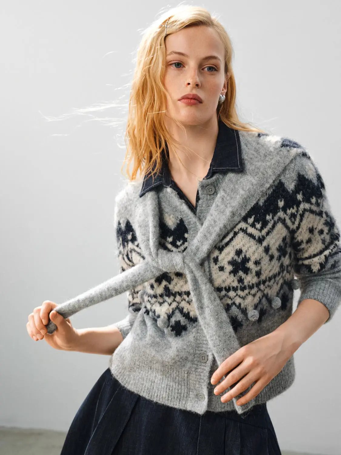 Tie Front Fair Isle Shirt Collar Long Sleeve Cardigan