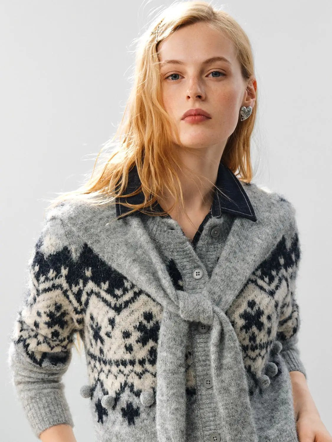Tie Front Fair Isle Shirt Collar Long Sleeve Cardigan