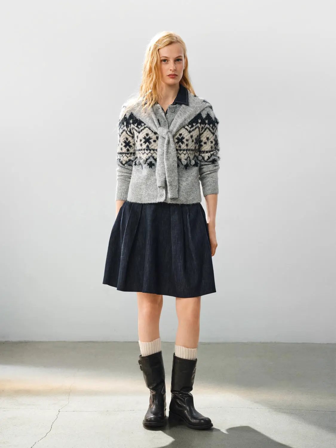 Tie Front Fair Isle Shirt Collar Long Sleeve Cardigan