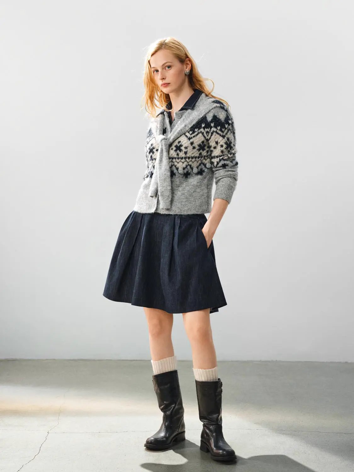 Tie Front Fair Isle Shirt Collar Long Sleeve Cardigan