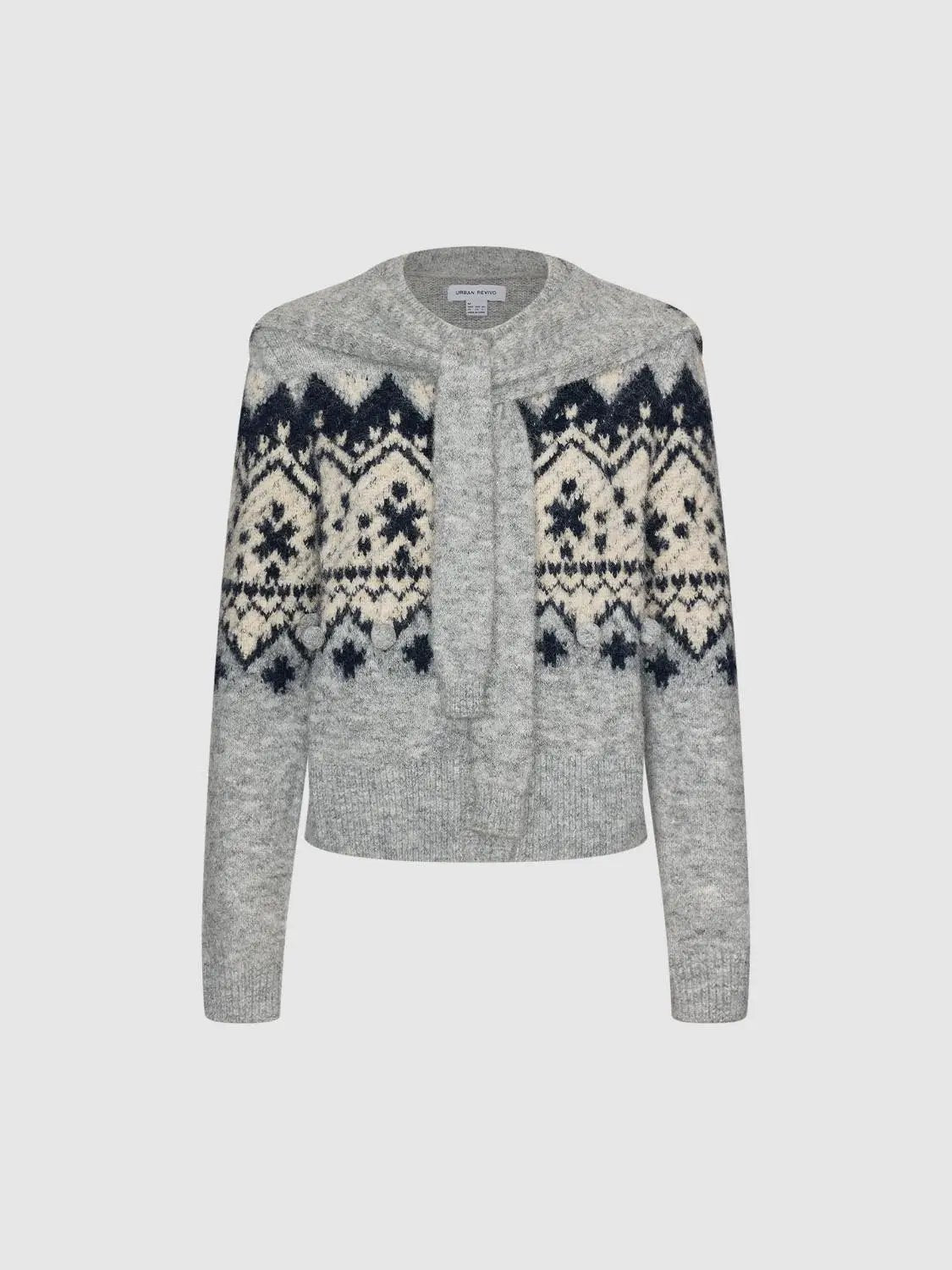 Tie Front Fair Isle Shirt Collar Long Sleeve Cardigan