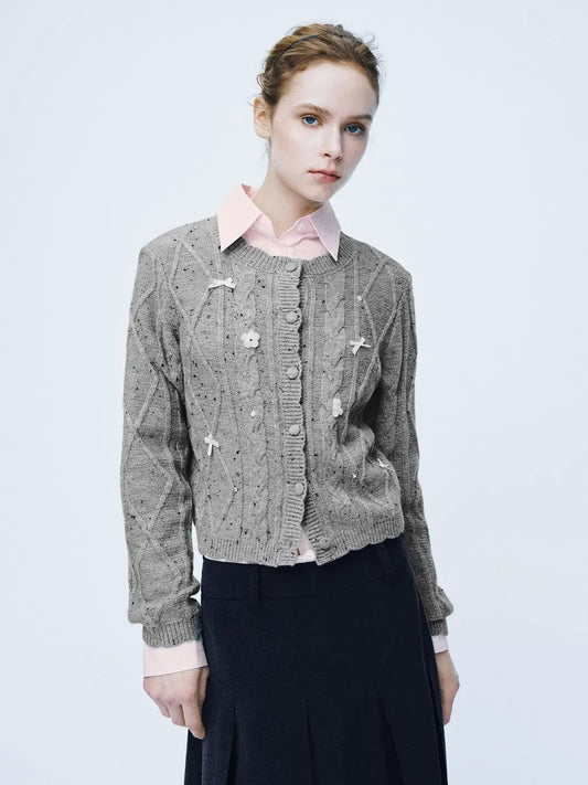 Crew Neck Cable Knit Bow Detail Long Sleeve Cardigan