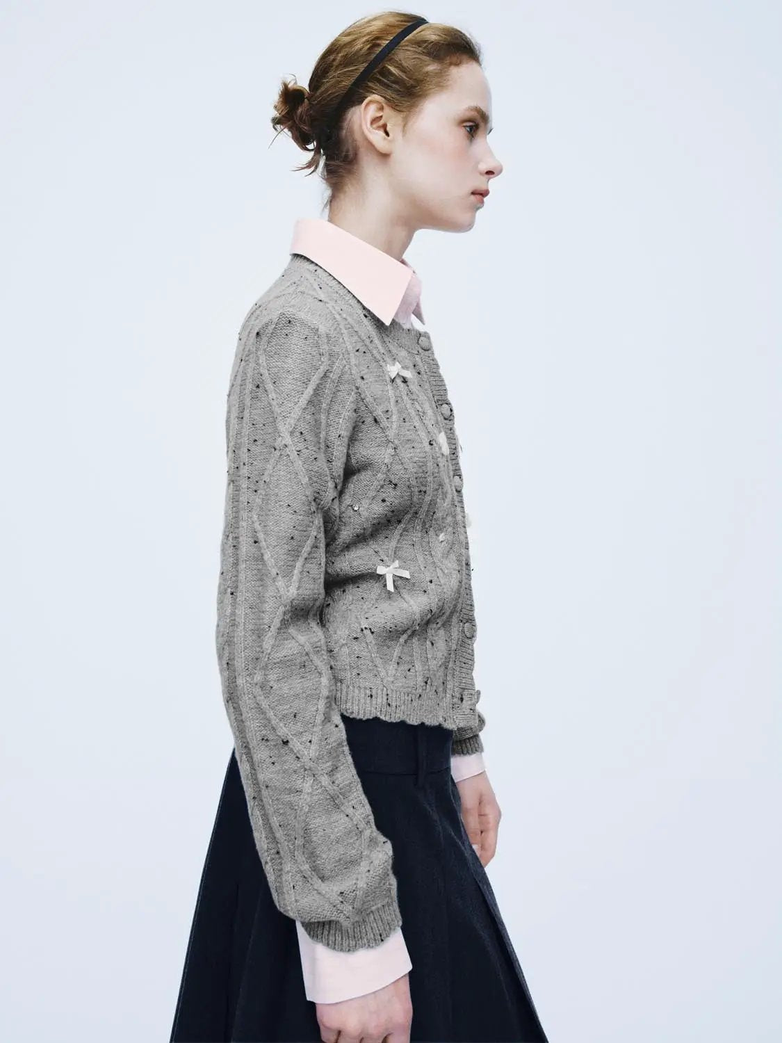 Crew Neck Cable Knit Bow Detail Long Sleeve Cardigan