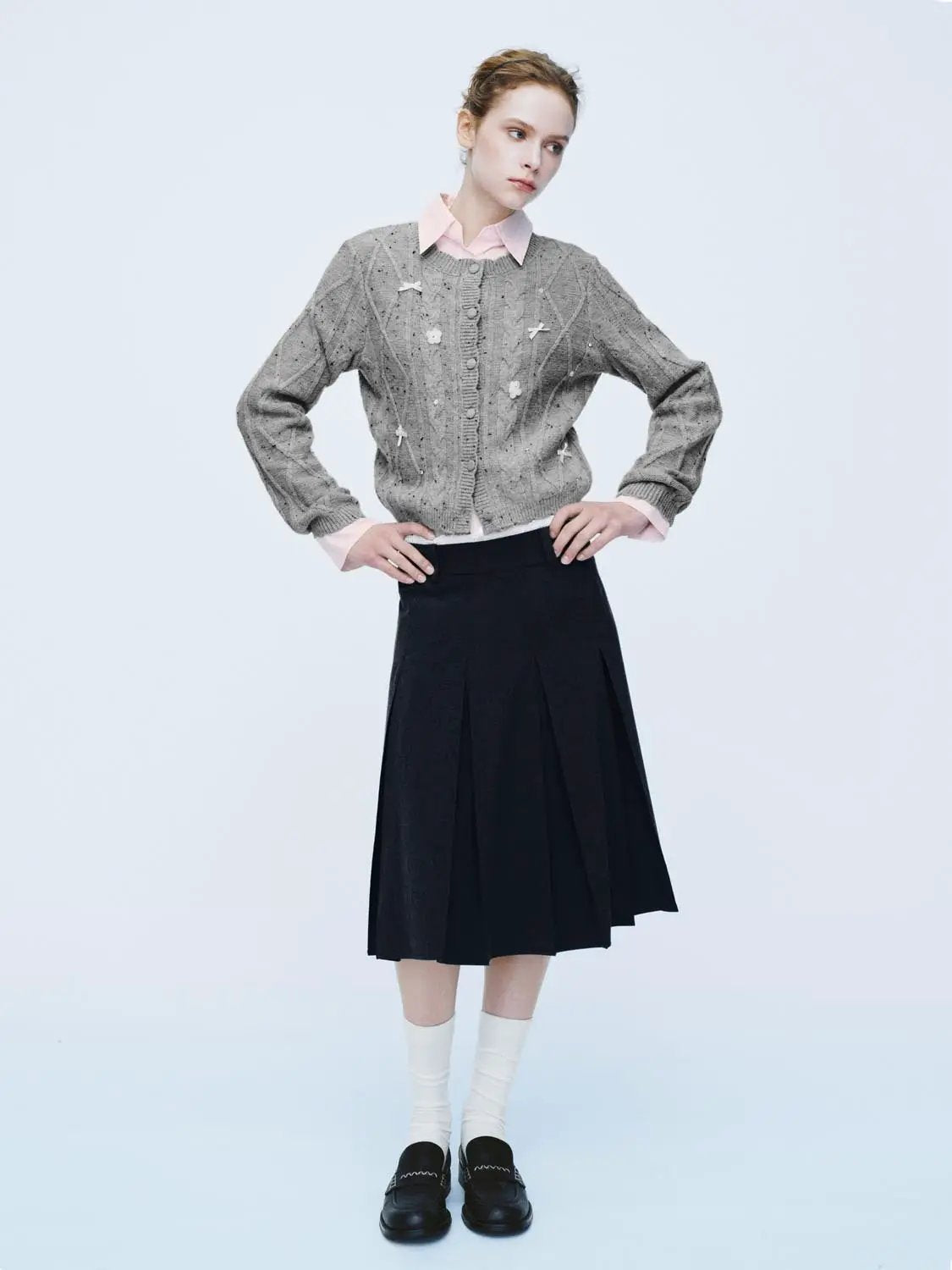 Crew Neck Cable Knit Bow Detail Long Sleeve Cardigan