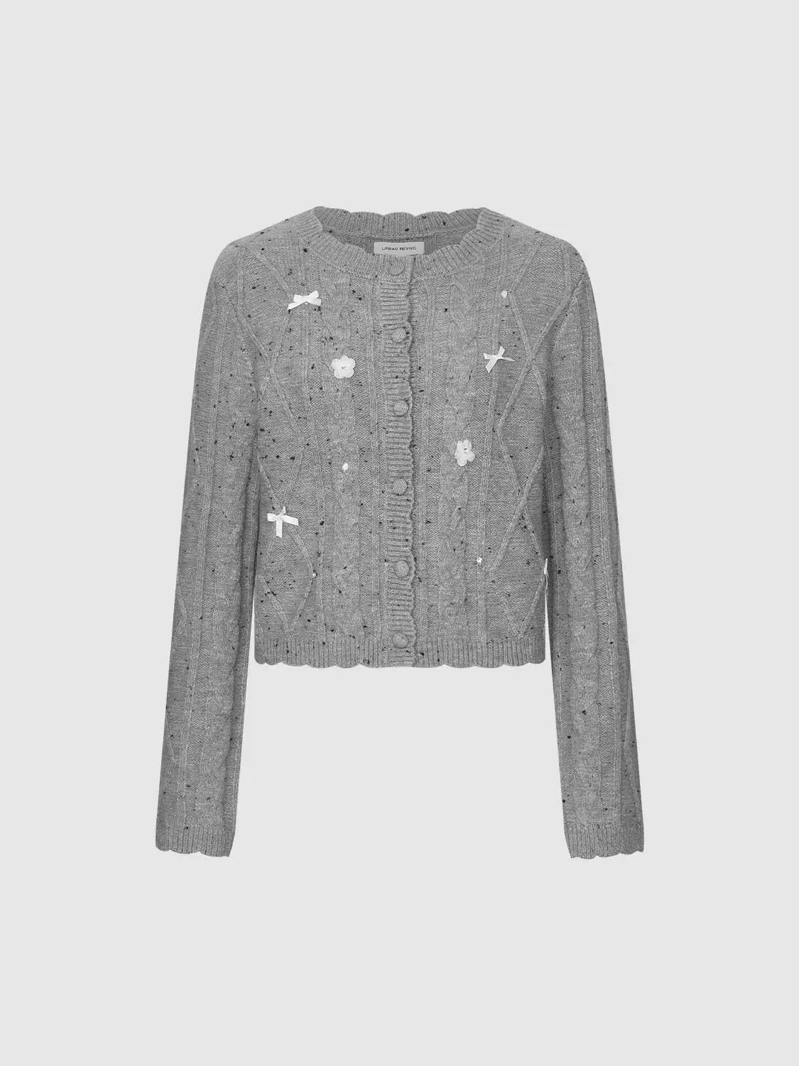 Crew Neck Cable Knit Bow Detail Long Sleeve Cardigan