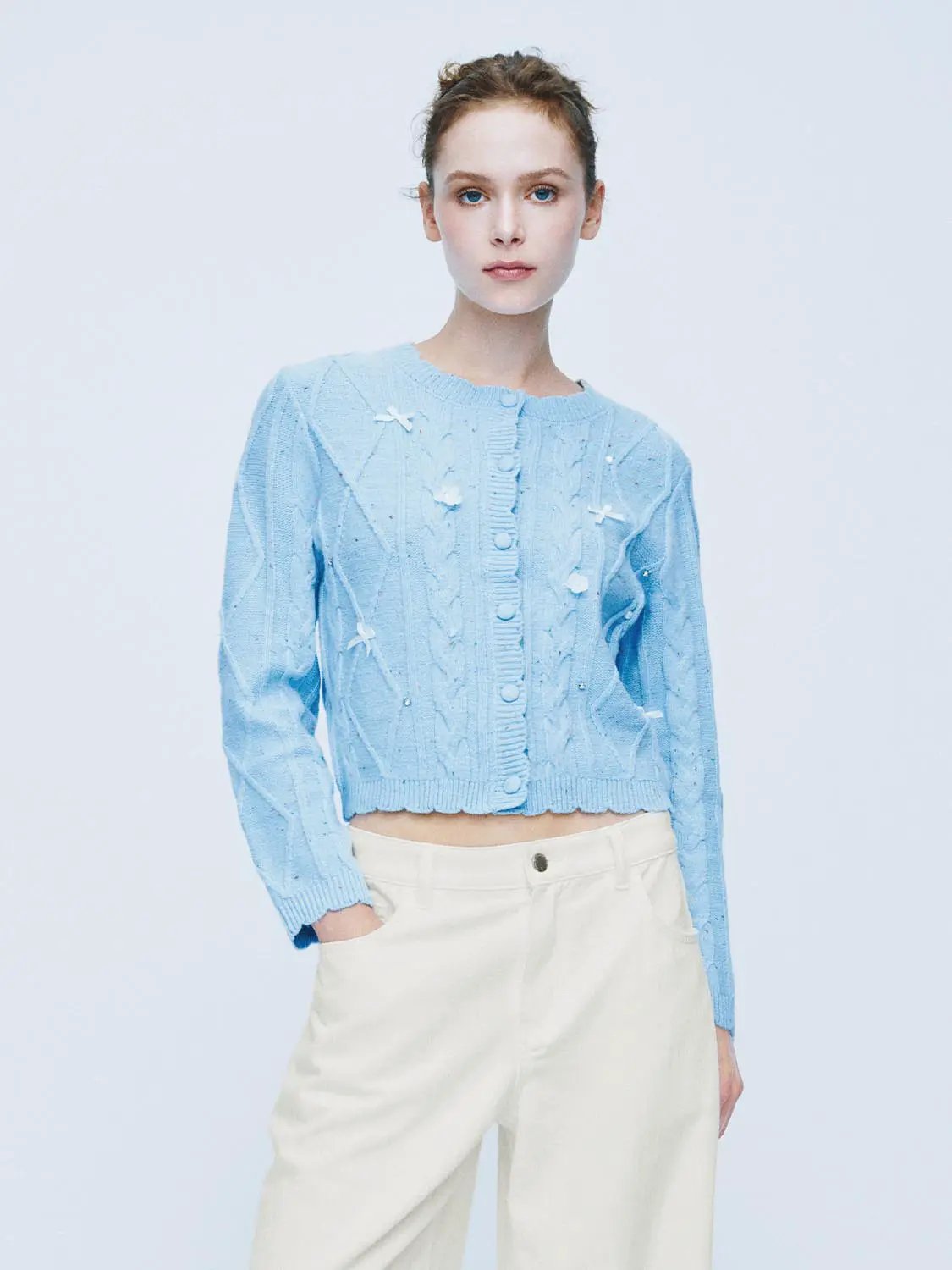 Crew Neck Cable Knit Bow Detail Long Sleeve Cardigan