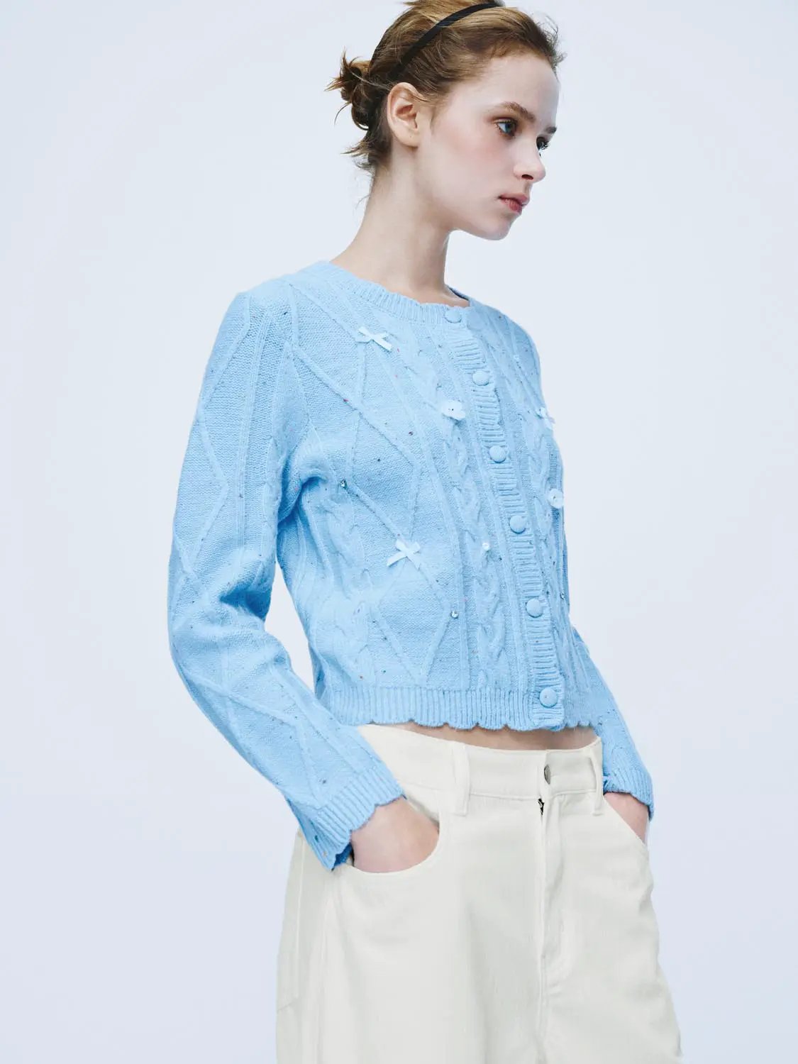 Crew Neck Cable Knit Bow Detail Long Sleeve Cardigan
