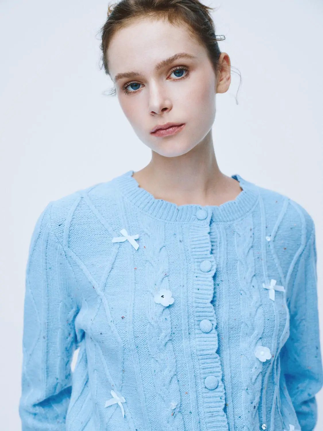 Crew Neck Cable Knit Bow Detail Long Sleeve Cardigan