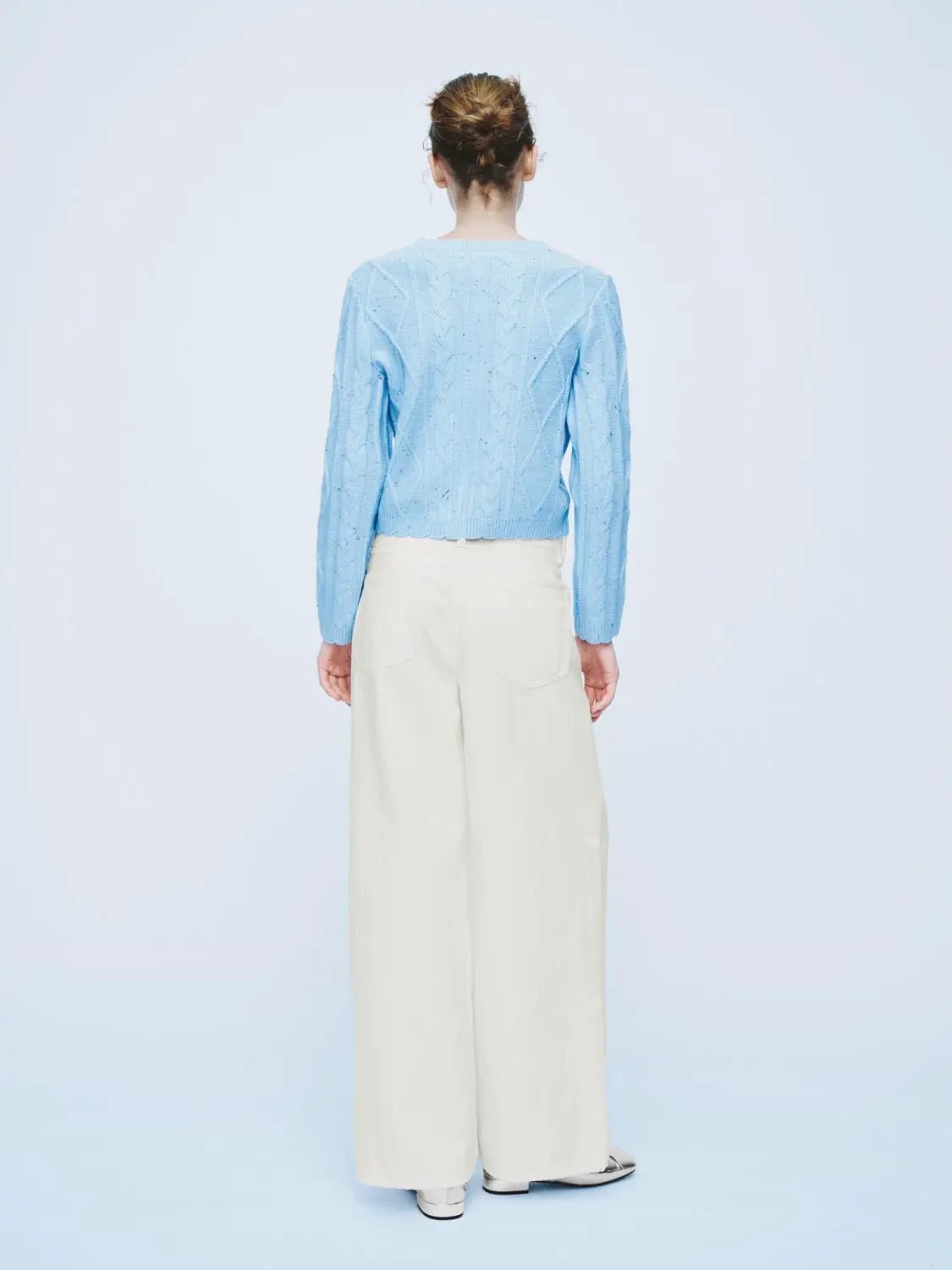 Crew Neck Cable Knit Bow Detail Long Sleeve Cardigan
