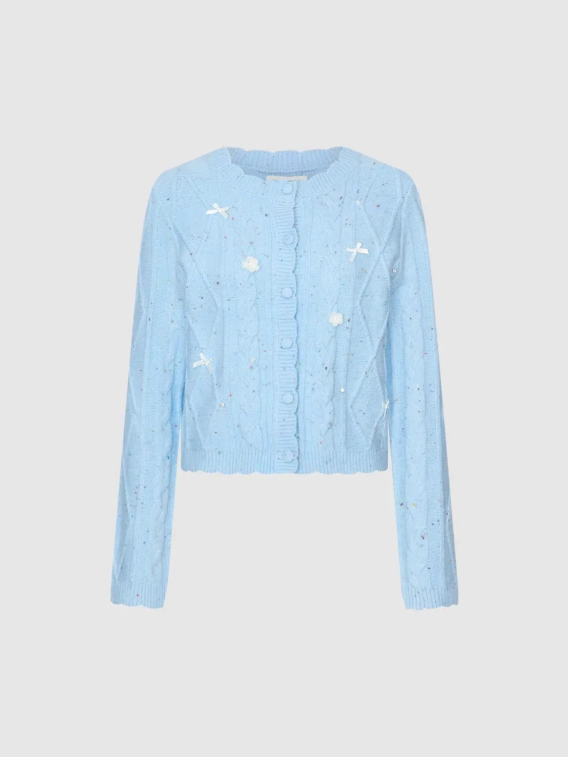 Crew Neck Cable Knit Bow Detail Long Sleeve Cardigan