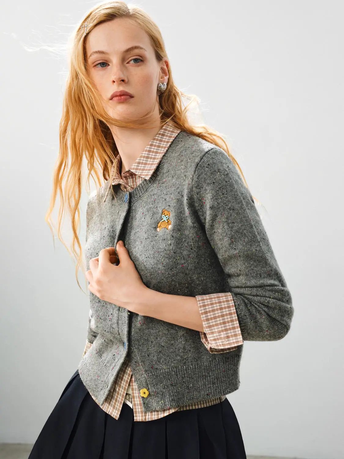Embroidered Bear Textured Crew Neck Long Sleeve Cardigan