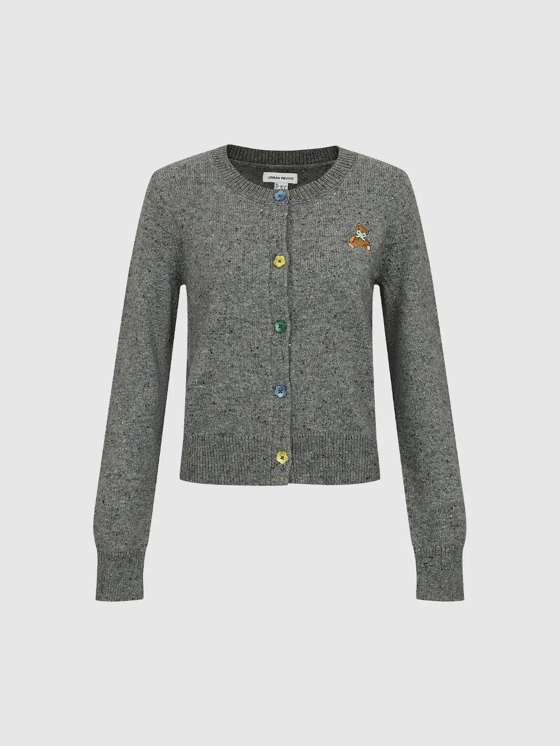 Embroidered Bear Textured Crew Neck Long Sleeve Cardigan