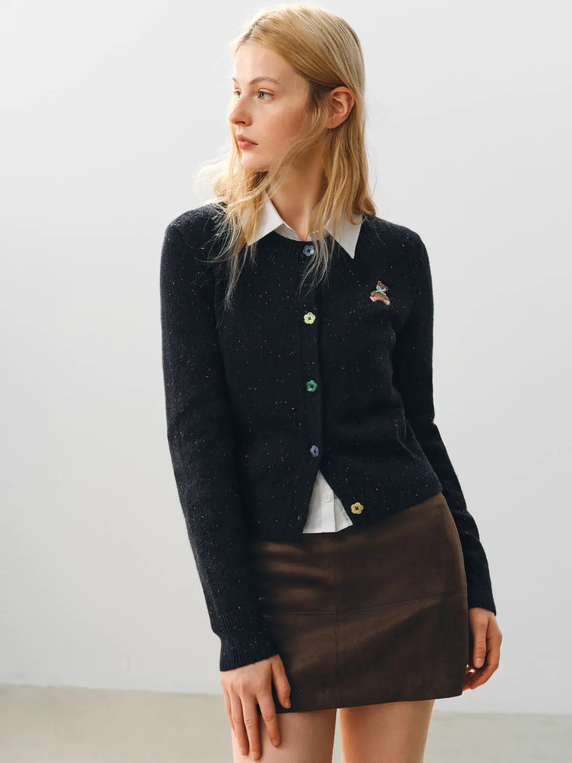 Embroidered Bear Textured Crew Neck Long Sleeve Cardigan