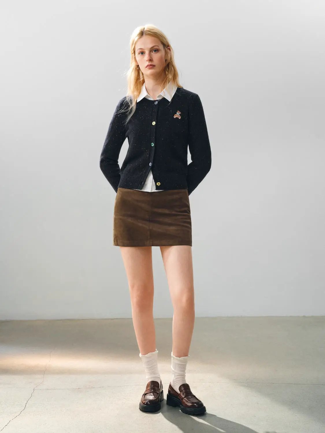 Embroidered Bear Textured Crew Neck Long Sleeve Cardigan