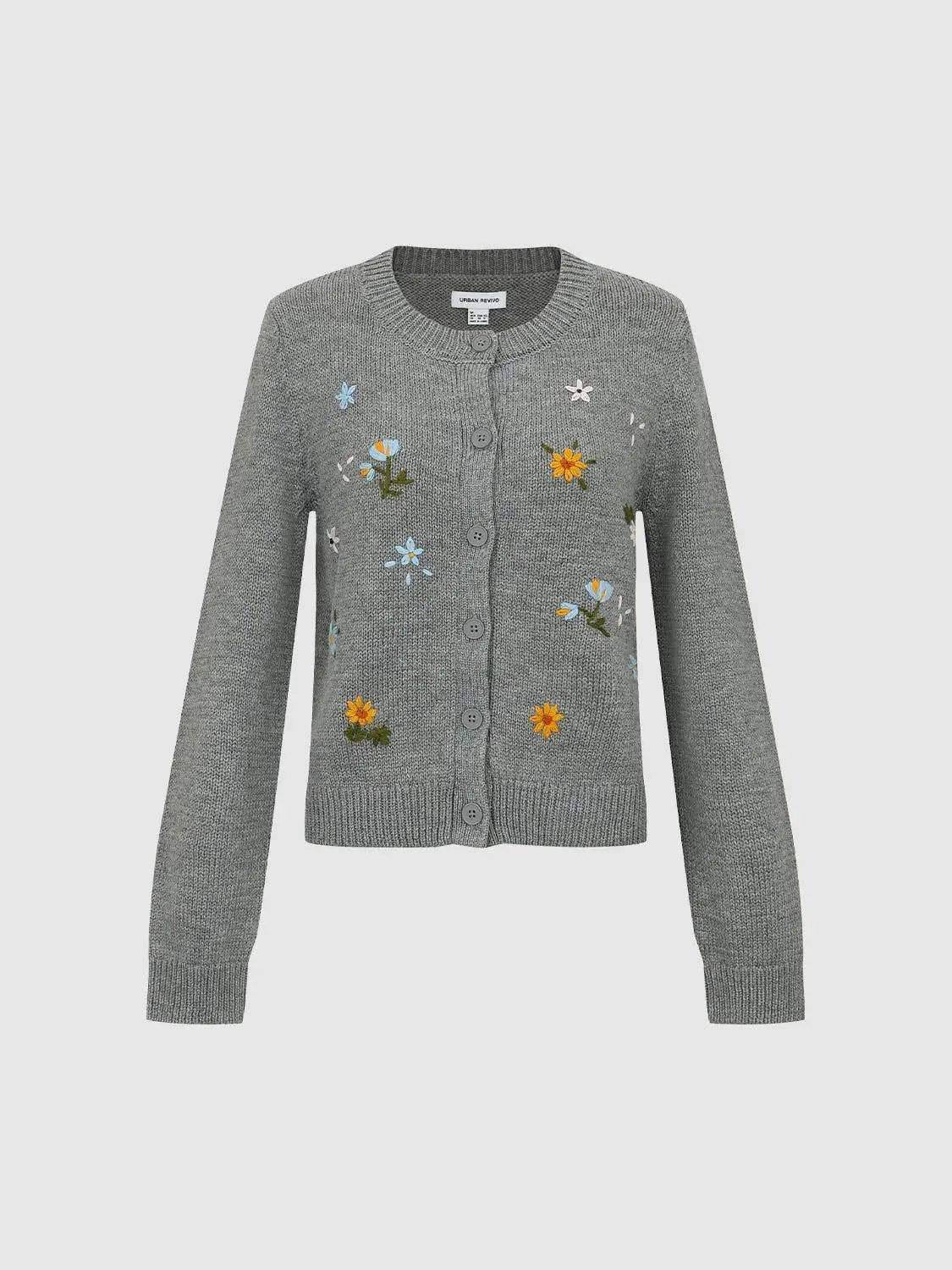 Ribbed Embroidered Floral Crew Neck Long Sleeve Cardigan