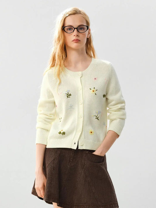 Ribbed Embroidered Floral Crew Neck Long Sleeve Cardigan