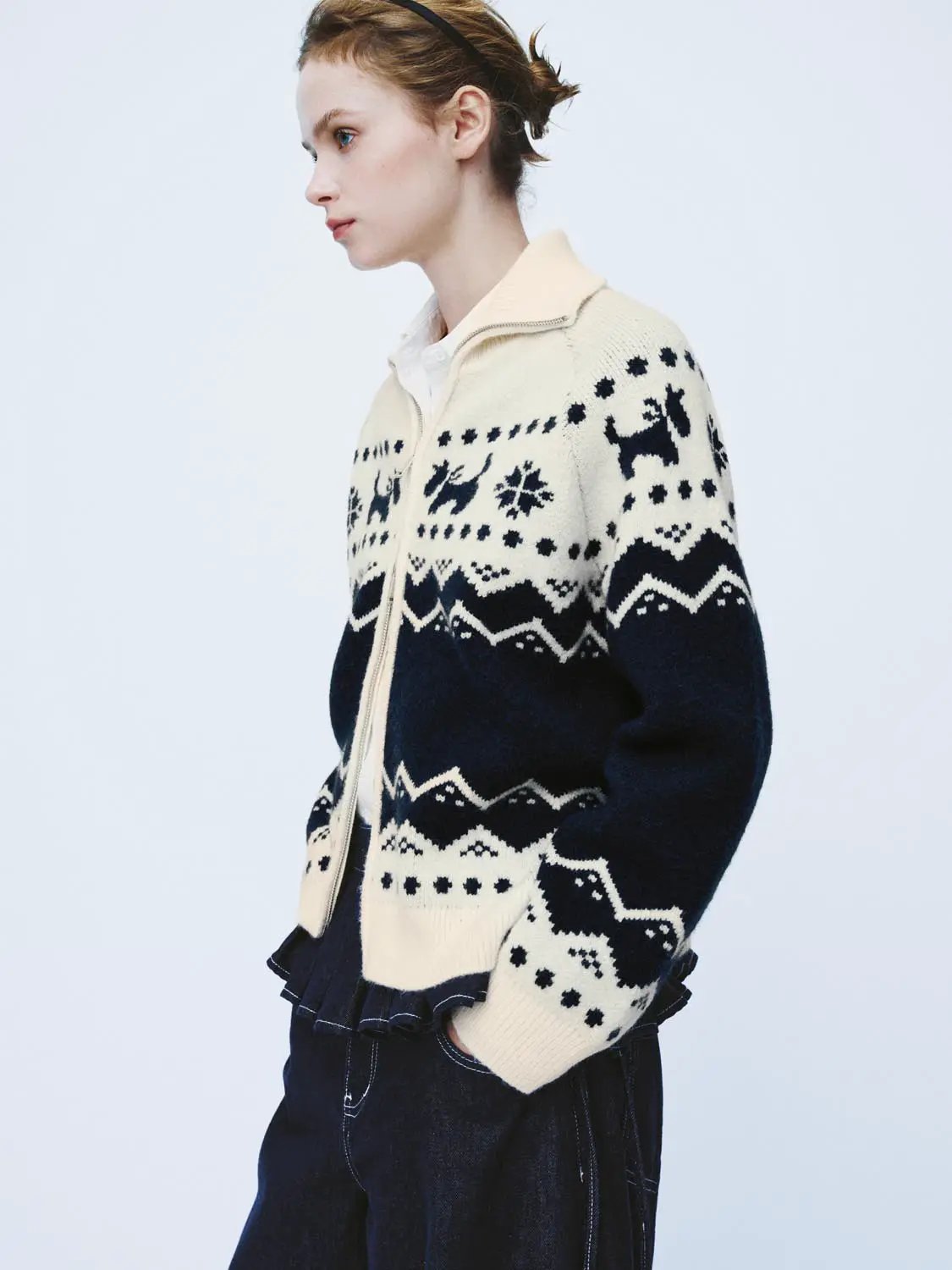 Zip Front Stand Collar Fair Isle Long Sleeve Jacket