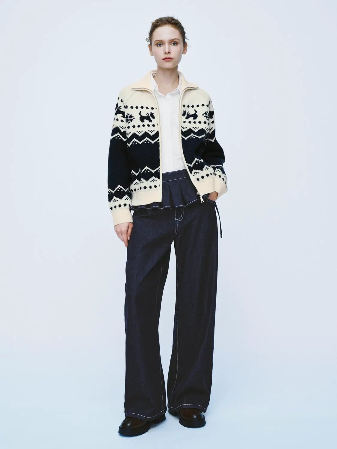 Zip Front Stand Collar Fair Isle Long Sleeve Jacket