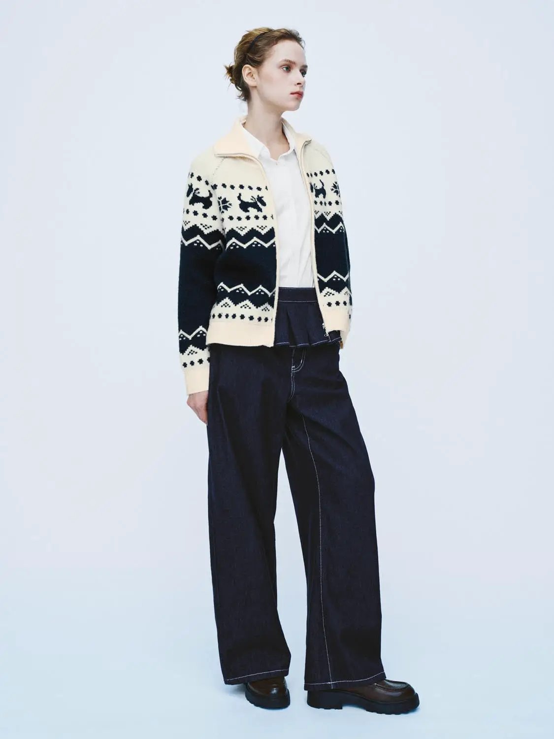 Zip Front Stand Collar Fair Isle Long Sleeve Jacket