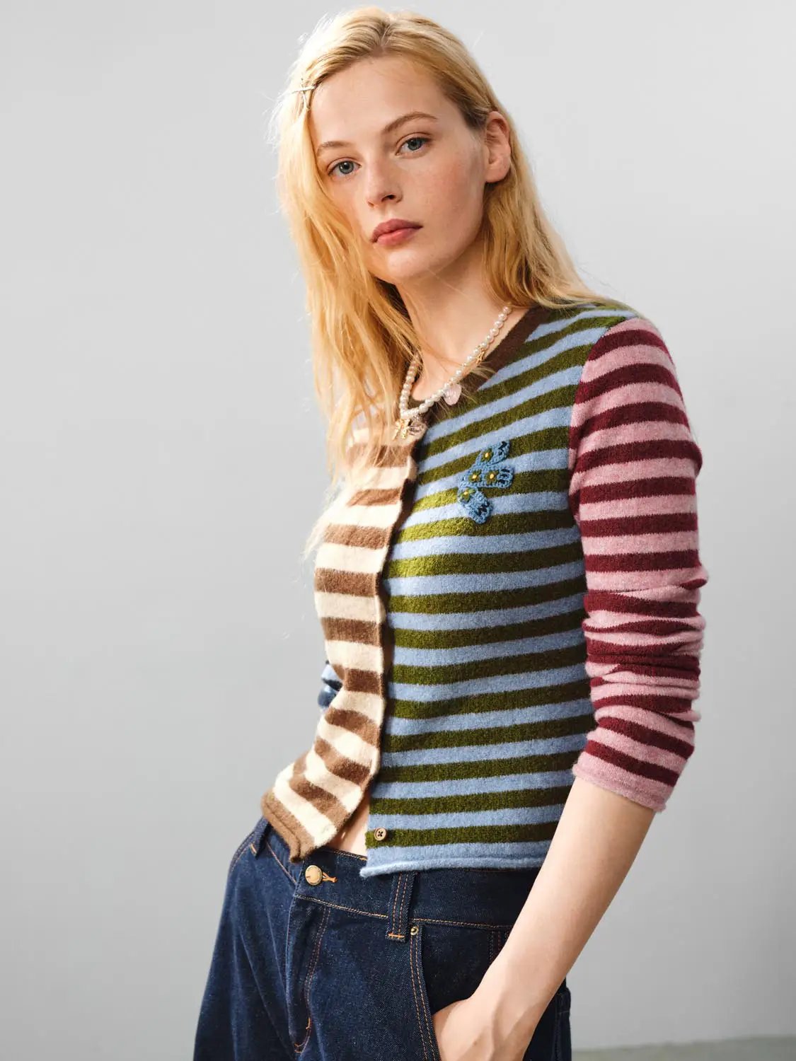 Embroidered Striped Knit Crew Neck Long Sleeve Cardigan