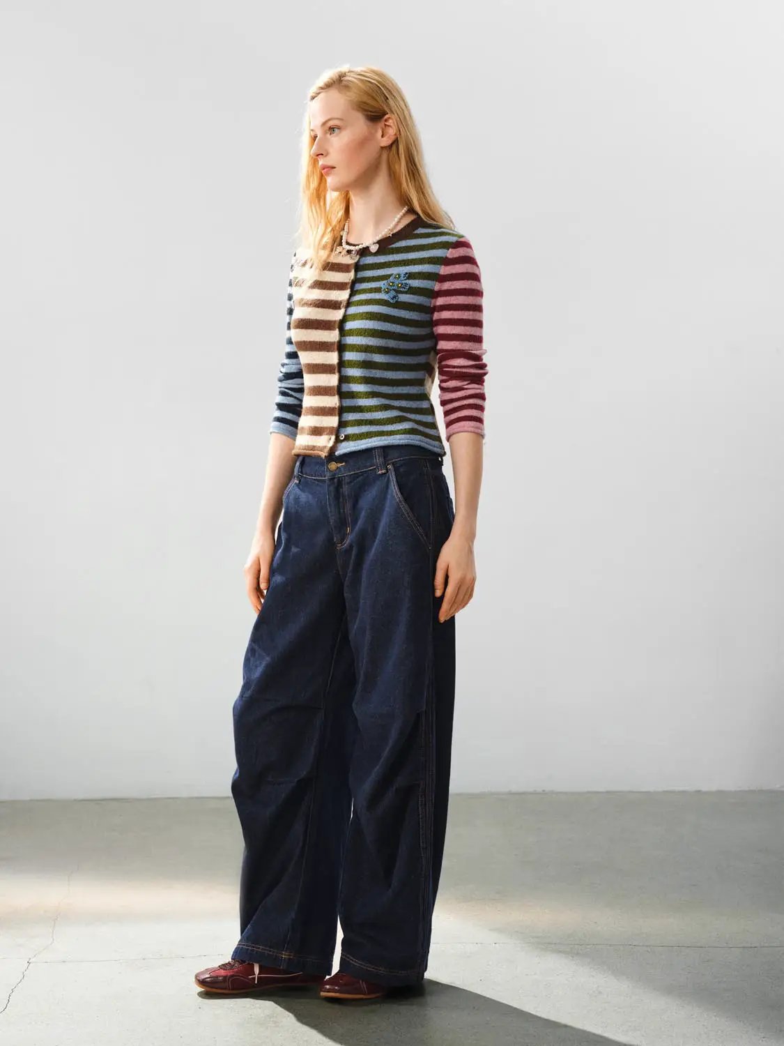 Embroidered Striped Knit Crew Neck Long Sleeve Cardigan