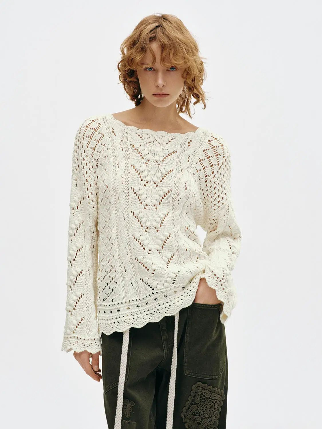 Textured Openwork Boat Neck Long Sleeve Cotton Blend Sweater