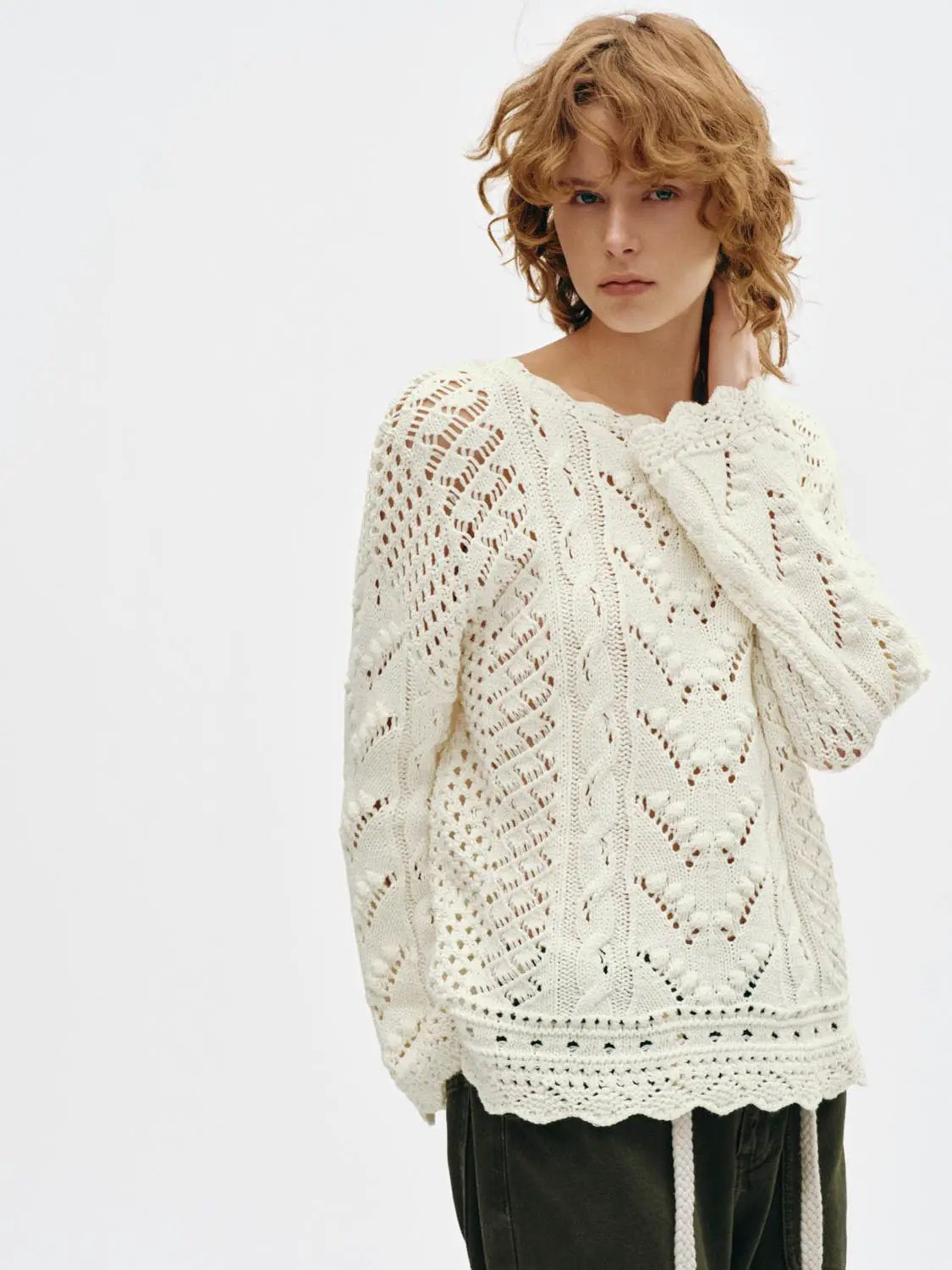 Textured Openwork Boat Neck Long Sleeve Cotton Blend Sweater