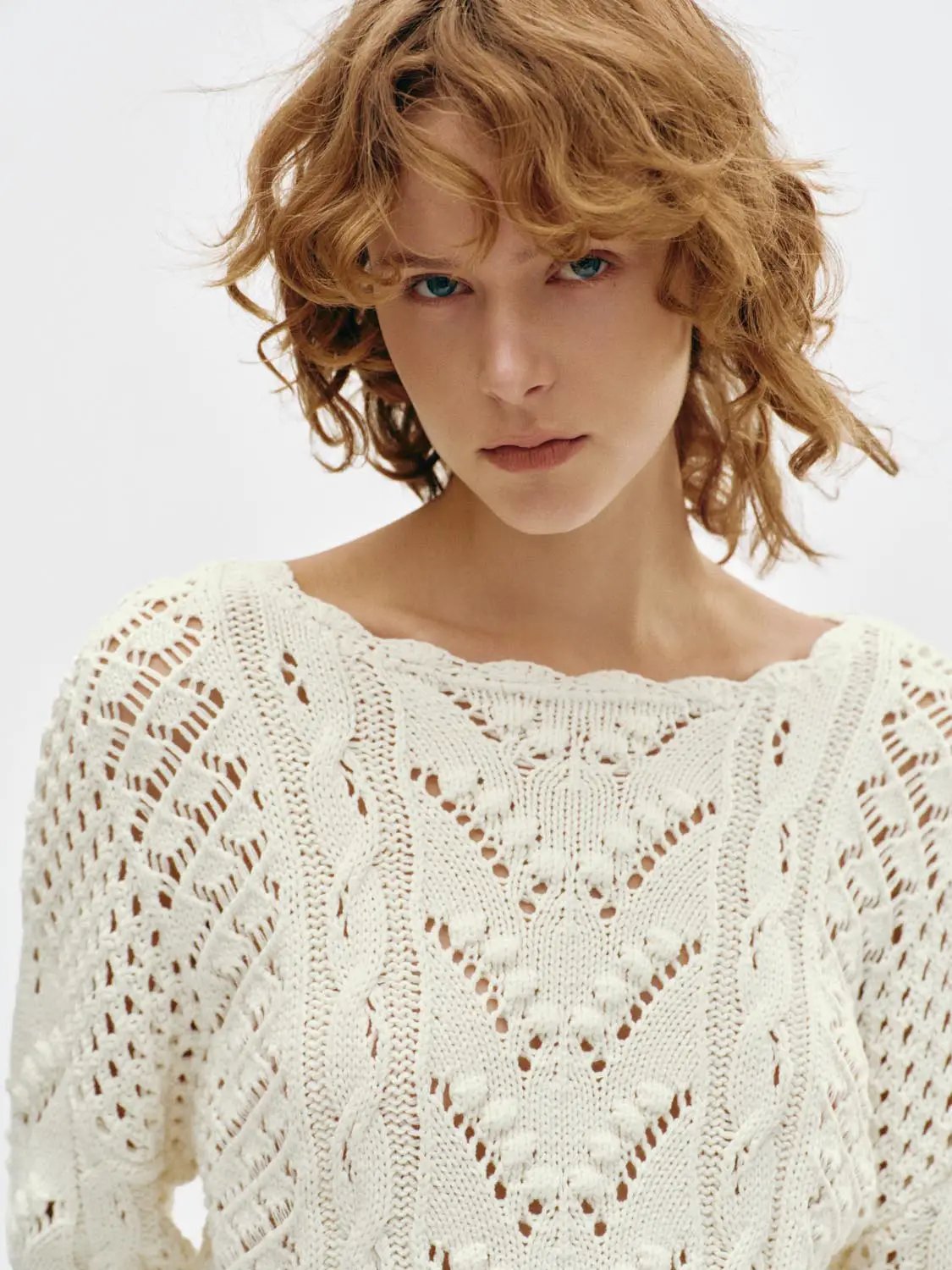 Textured Openwork Boat Neck Long Sleeve Cotton Blend Sweater