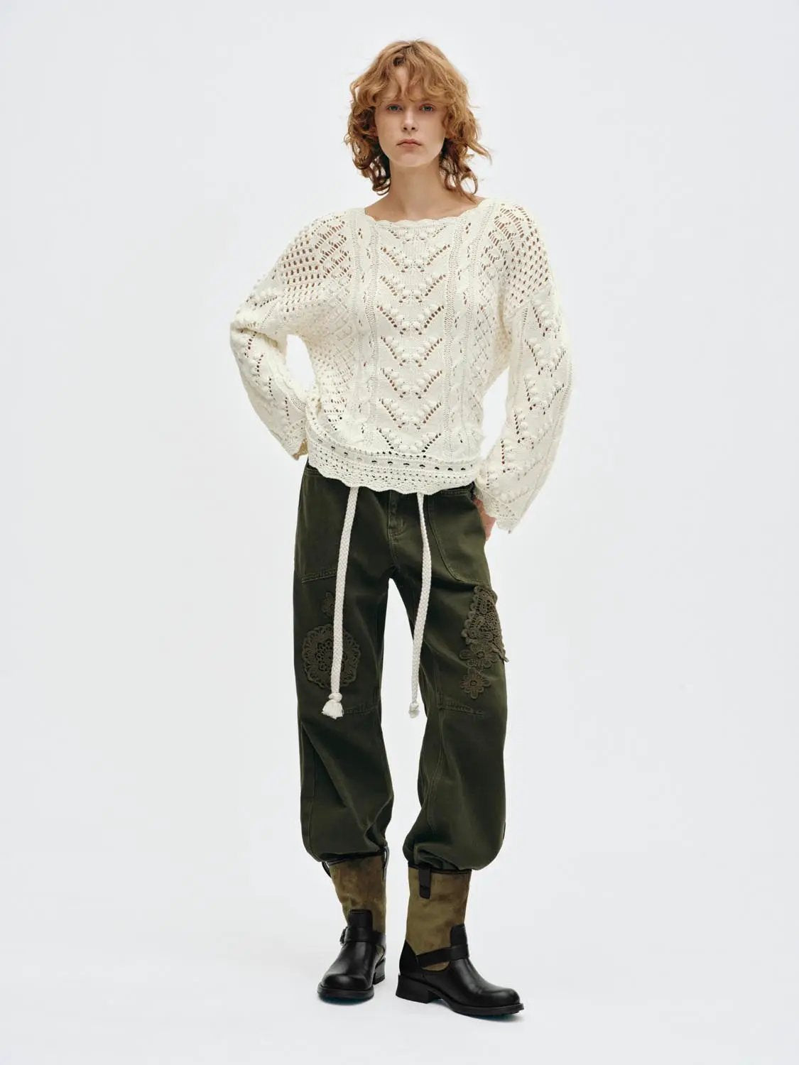 Textured Openwork Boat Neck Long Sleeve Cotton Blend Sweater